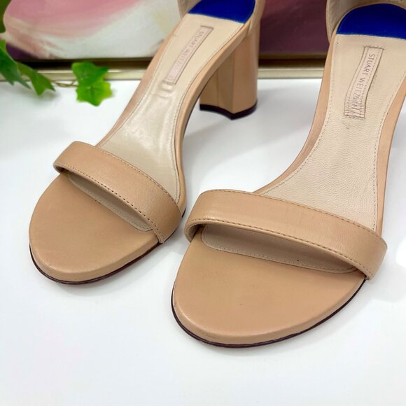 Stuart Weitzman 75 LessNudist Leather Ankle Strap Block Heel Sandals in Beige‎ 6 - Picture 10 of 13
